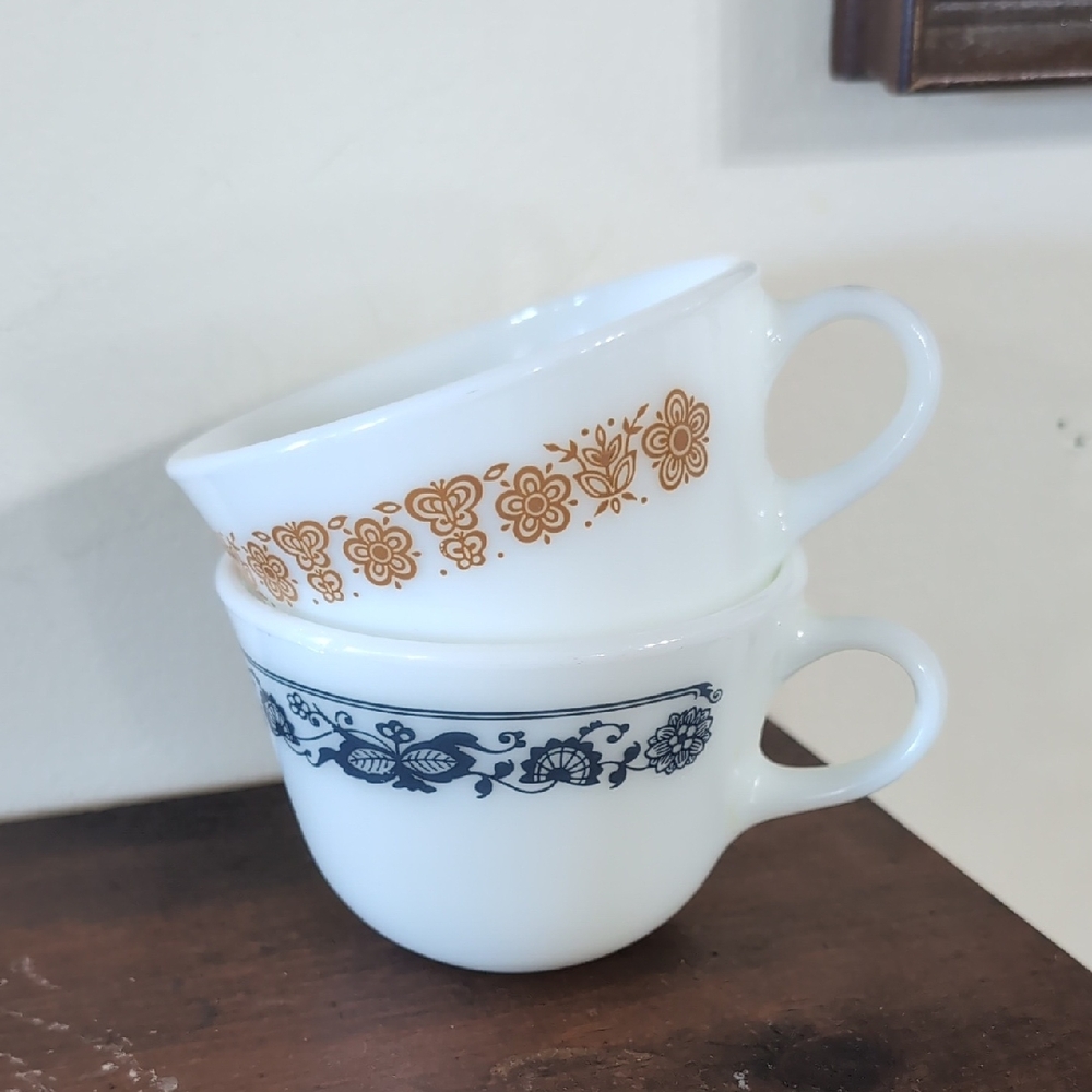 Vintage Floral Patterned Teacups - Set of 2 Pyrex Mixed Patterns Blue Gold